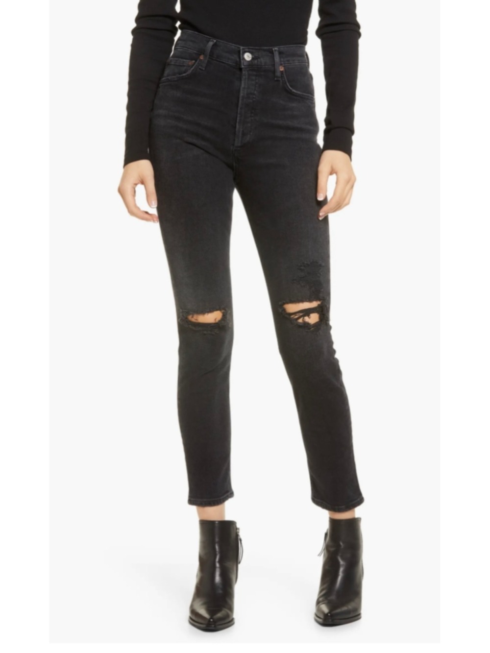 Agolde Denim Jeans High Rise Straight Distressed Black Button Fly Stretch Sz 27
